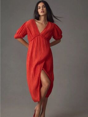 Anthropologie V-Neck Pleated Slim Midi Dress in Red Like New Small